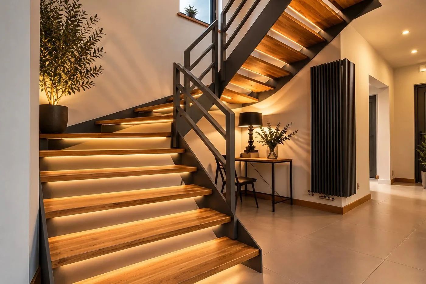 Holmtreppe mit anthrazitfarbenem Stahlholm und beleuchteten Holzstufen